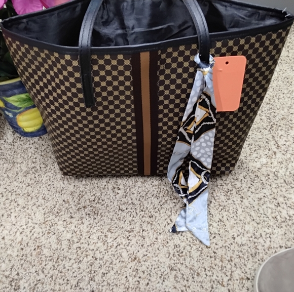 None Handbags - 3900 Large Brown Patterned Tote Bag with Scarf Accent - Women's Shoulder Bag